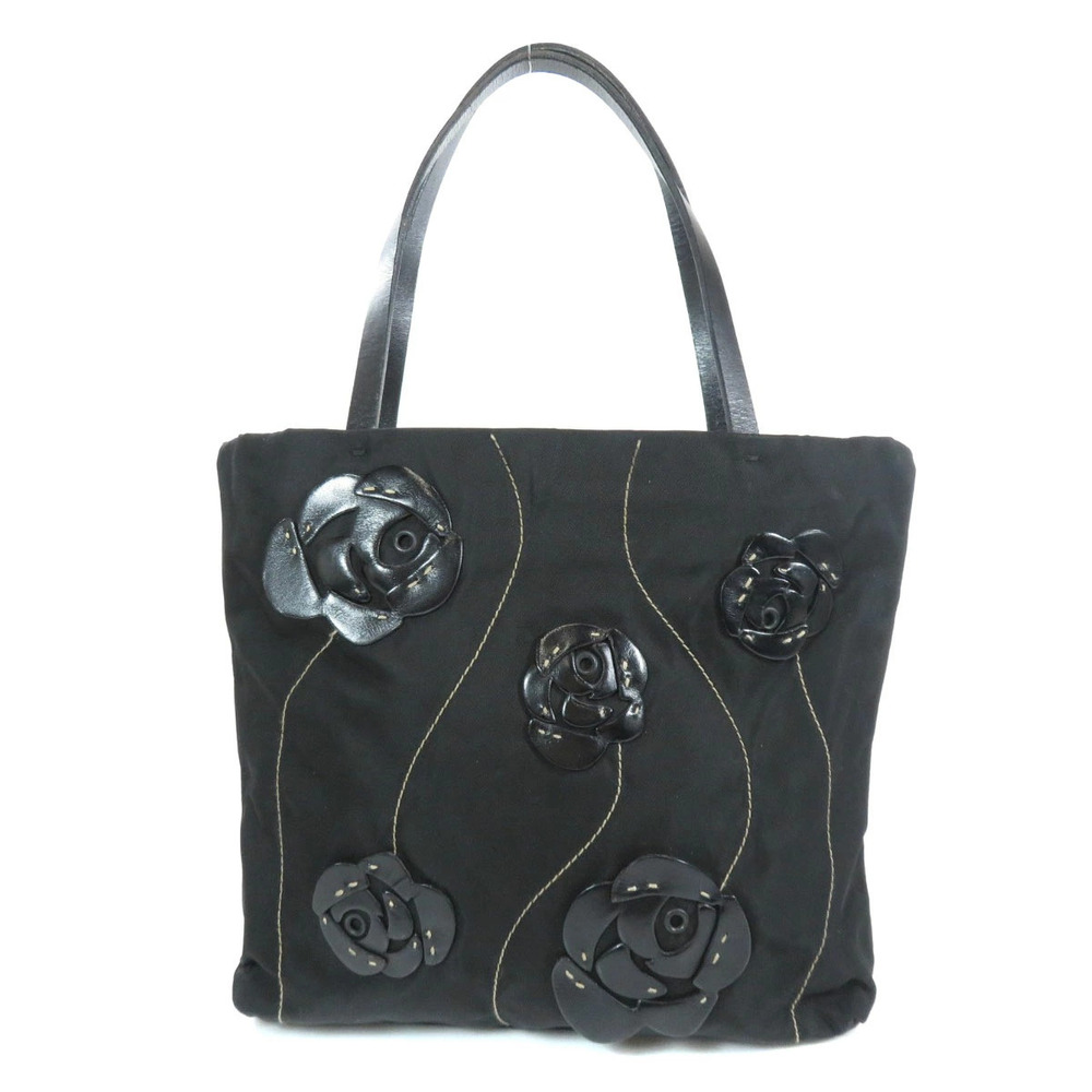 Prada decorated Flower black Tote Tessuto appliques floral glossy black